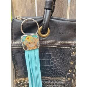 Handmade cow lover boho Leather Fringe Western bag charm, Long fringe keychain